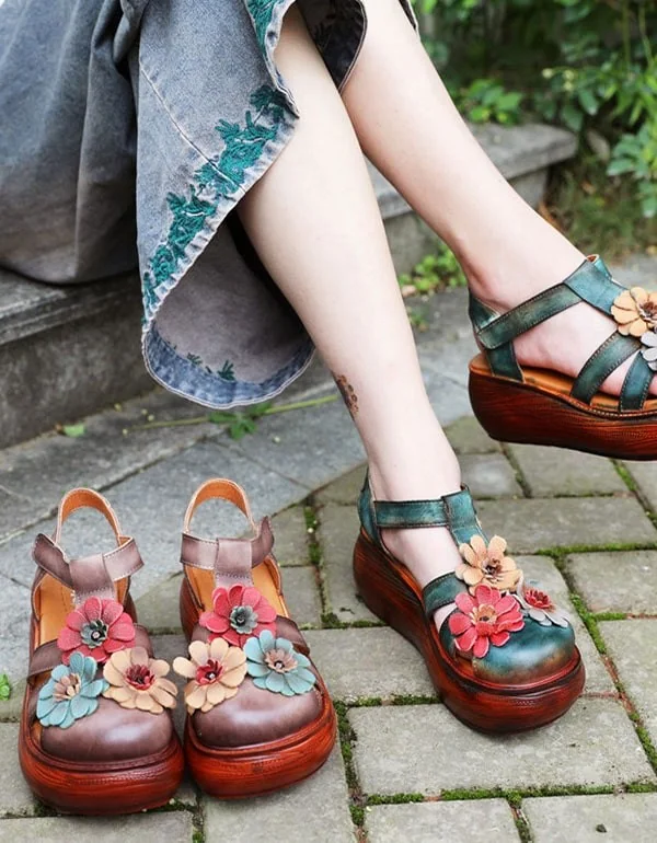 Close Toe Wedge Heel Flower Leather Summer Sandals Women Sandals - Image 2