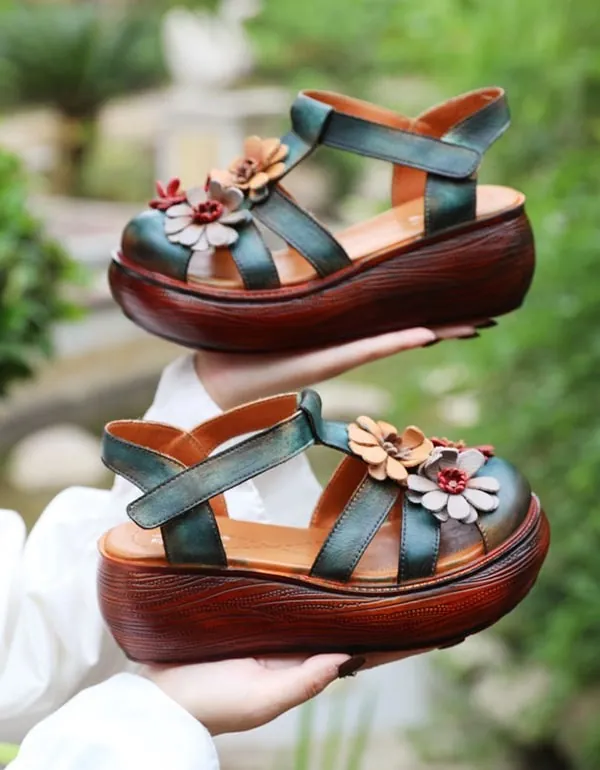Close Toe Wedge Heel Flower Leather Summer Sandals Women Sandals - Image 4