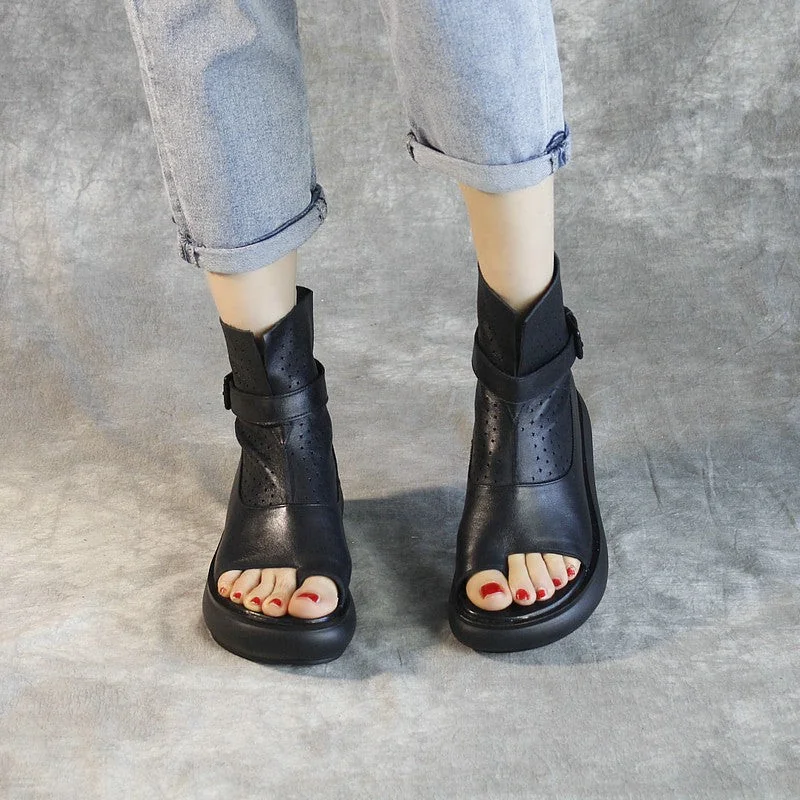 Open Toe Retro Leather Wedge Sandals Women Sandals - Image 3