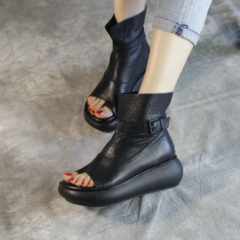 Open Toe Retro Leather Wedge Sandals Women Sandals - Image 4