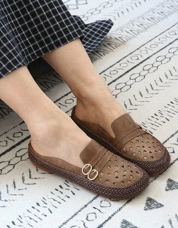 Handmade Woven Retro Leather Slippers Women Sandals