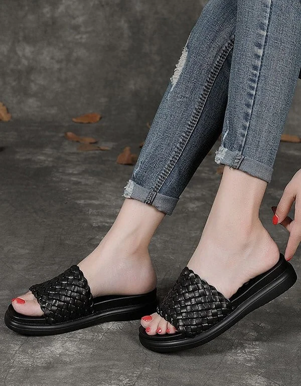 Leather Woven Summer Beach Slippers Women Sandals - Image 2