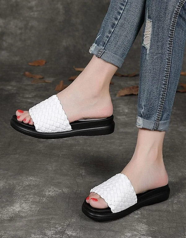 Leather Woven Summer Beach Slippers Women Sandals