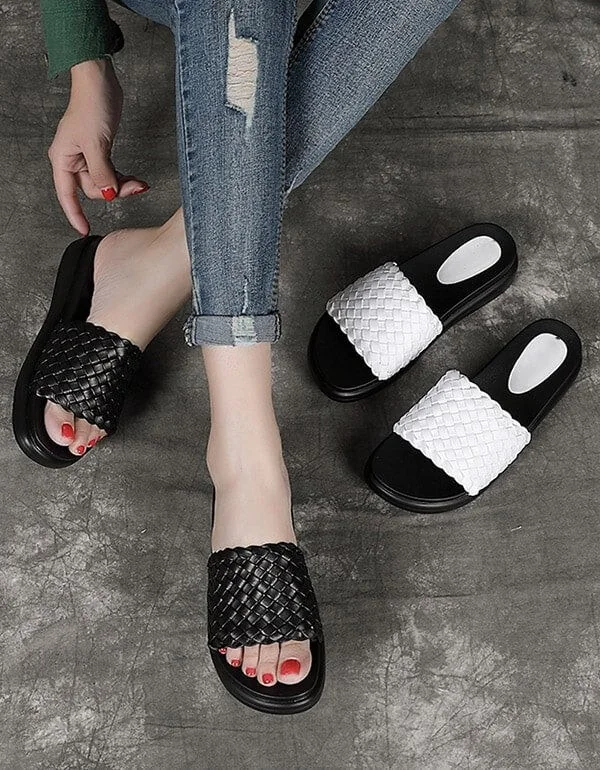Leather Woven Summer Beach Slippers Women Sandals - Image 3