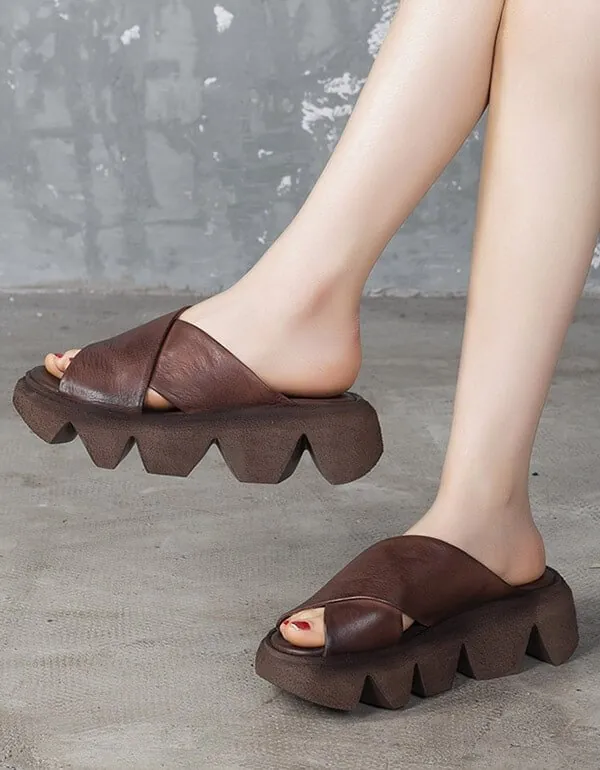 Retro Leather Stylish Gear Sole Summer Slippers Women Sandals - Image 4