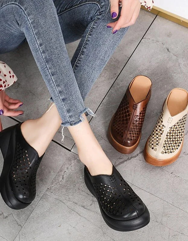 Retro Leather Summer Hollow Platform Slippers Women Sandals - Image 2