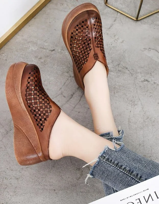 Retro Leather Summer Hollow Platform Slippers Women Sandals - Image 5