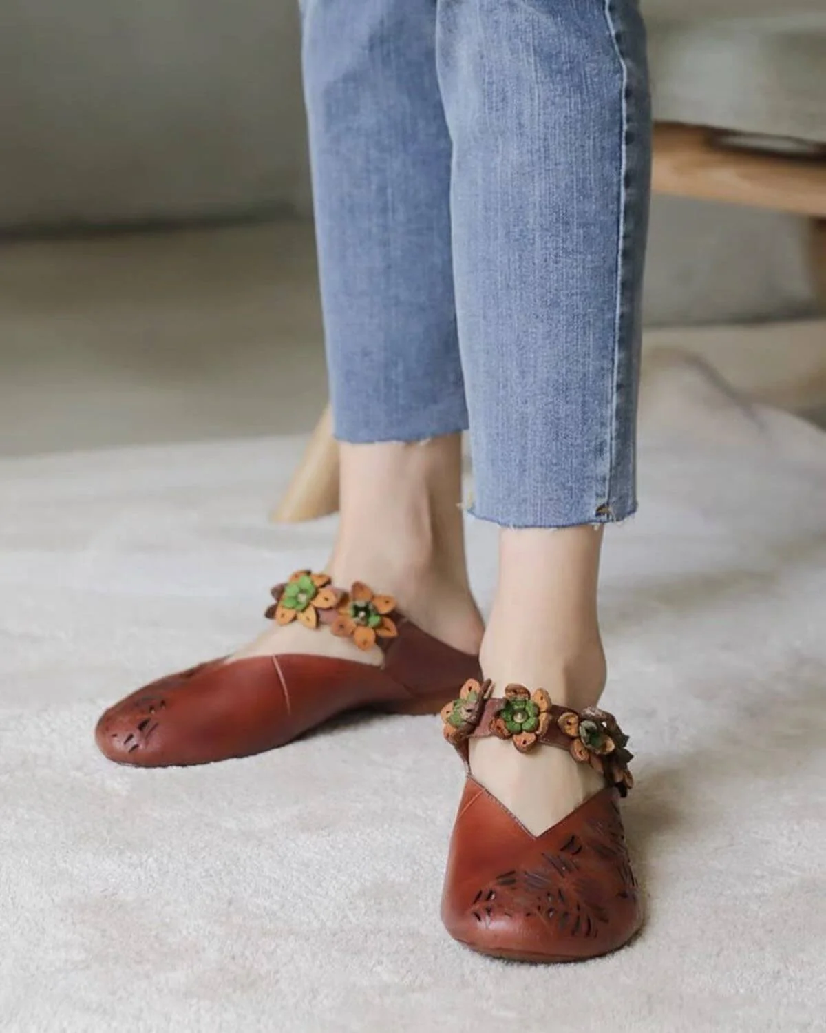 Spring Handmade Flowers Retro Leather Slippers Women Sandals - Image 4
