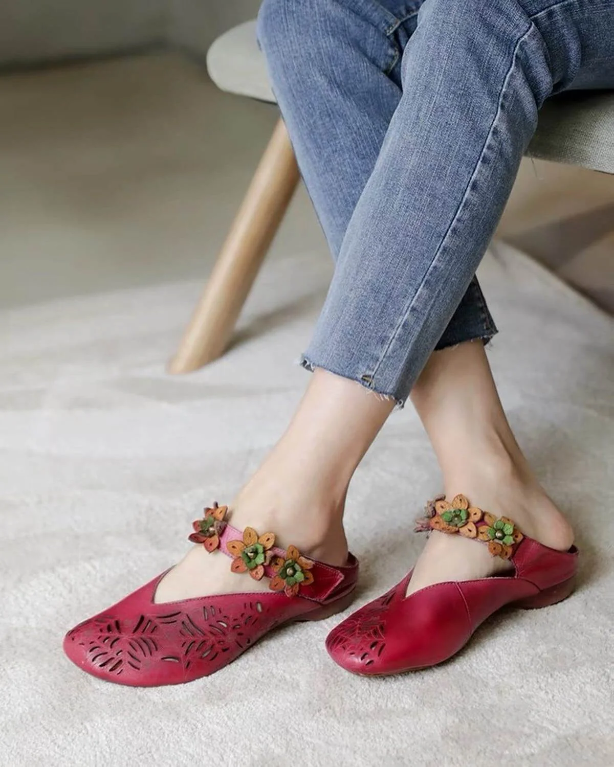 Spring Handmade Flowers Retro Leather Slippers Women Sandals - Image 2