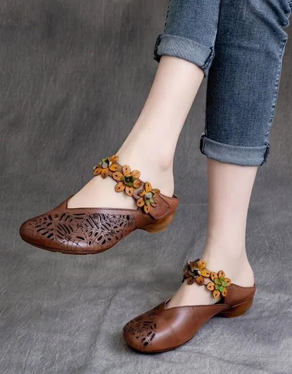 Spring Handmade Flowers Retro Leather Slippers Women Sandals - Image 5